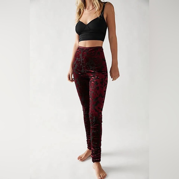 Free People Pants - Intimately Free People (NWT) Magic hour burnout velvet red black mesh leggings 💜